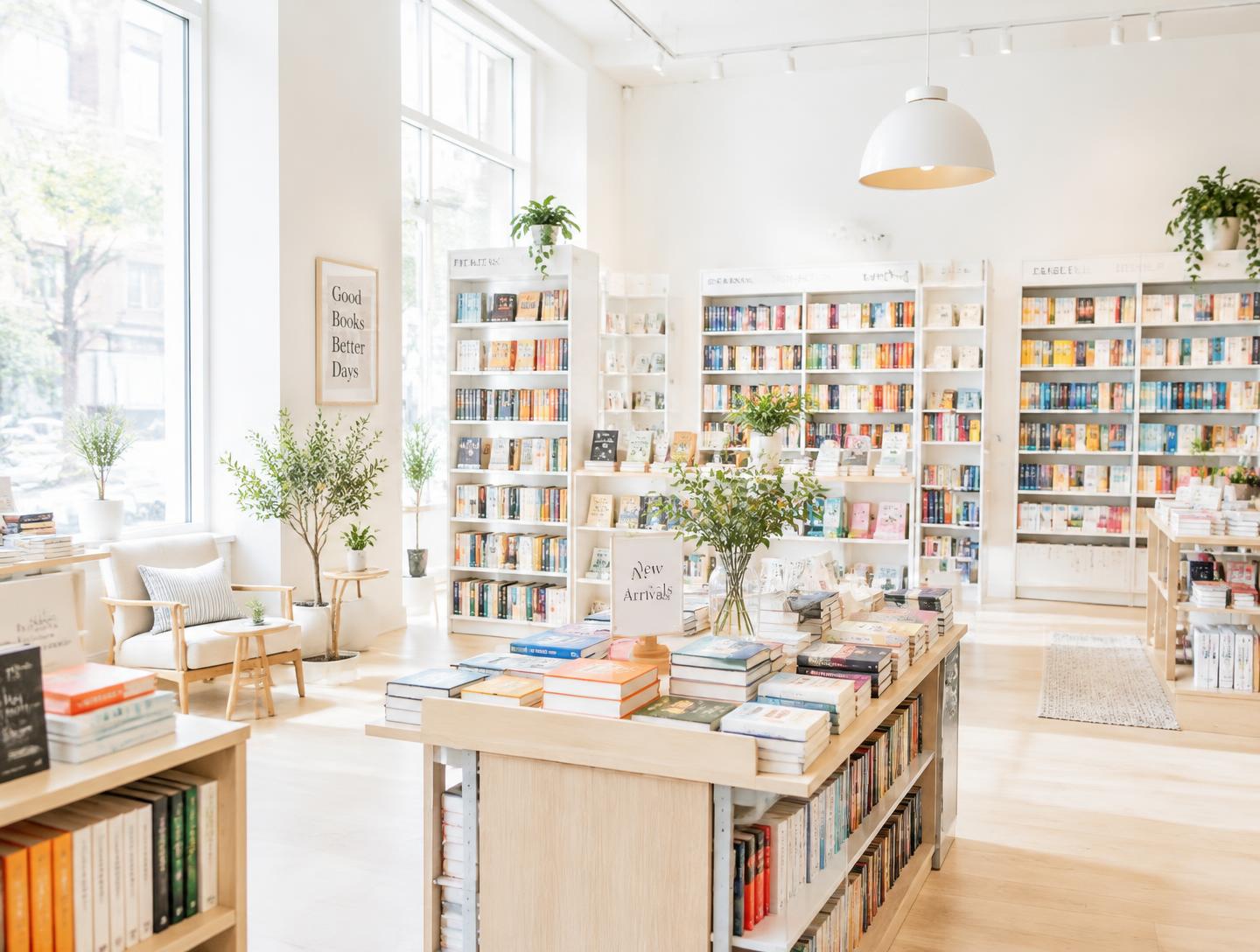 Bright, sunlit bookstore shelves